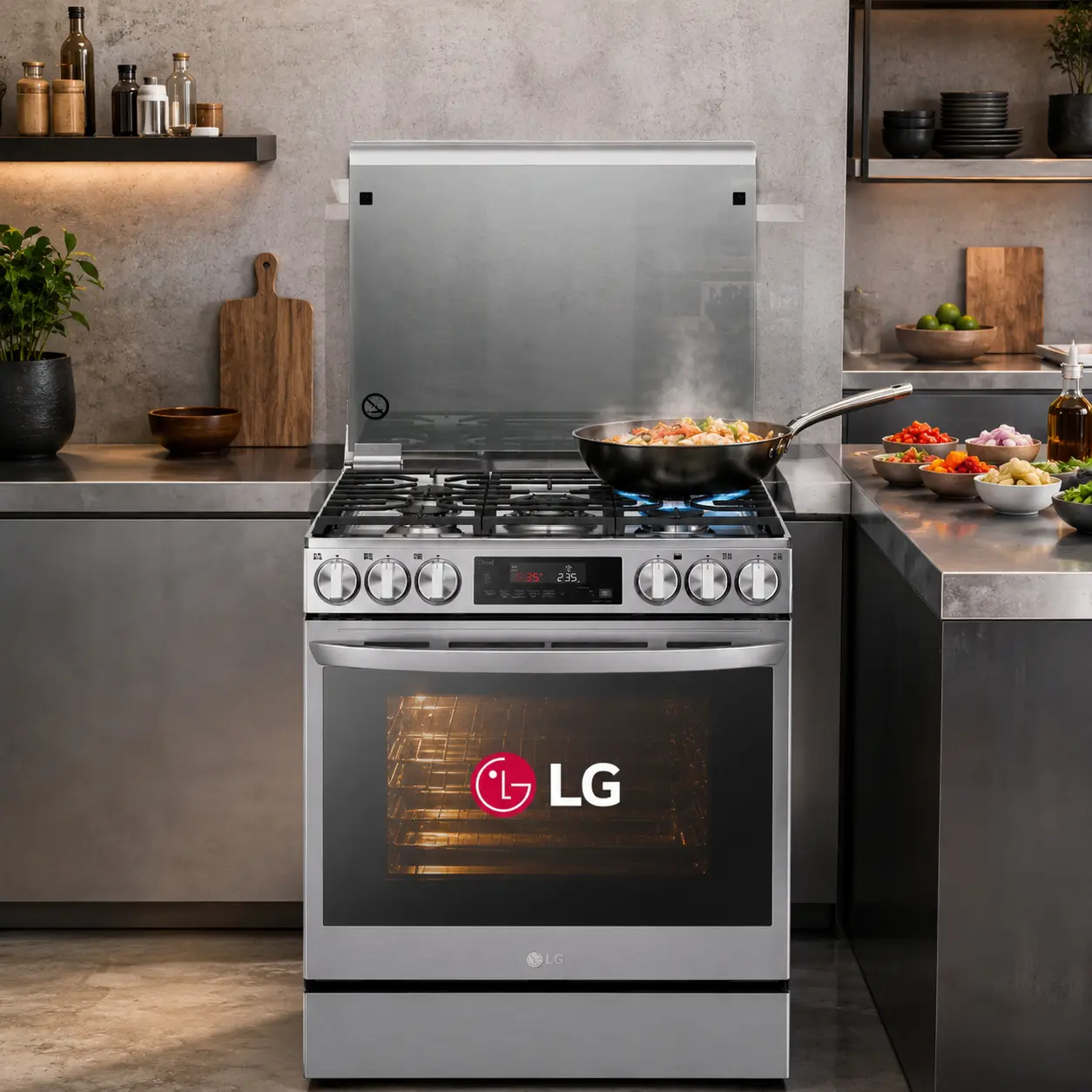 Cocina a gas moderna plateada con logotipo LG y sartenes sobre las hornillas en una cocina contemporánea